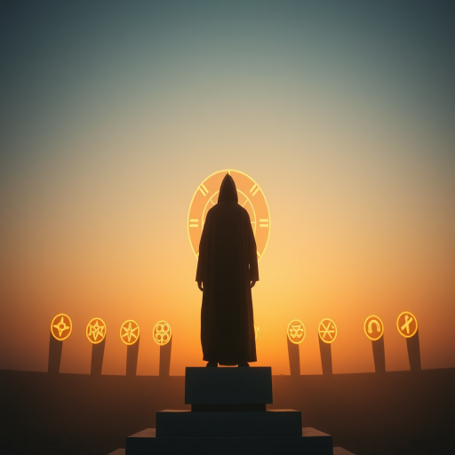 Regenerate the image of a cloaked figure standing on a pedestal with glowing symbols in the background, use a wide-angle lens at f/2.8, ISO 100, 24mm focal length, sunset lighting, and a digital camera in a cinematic style.