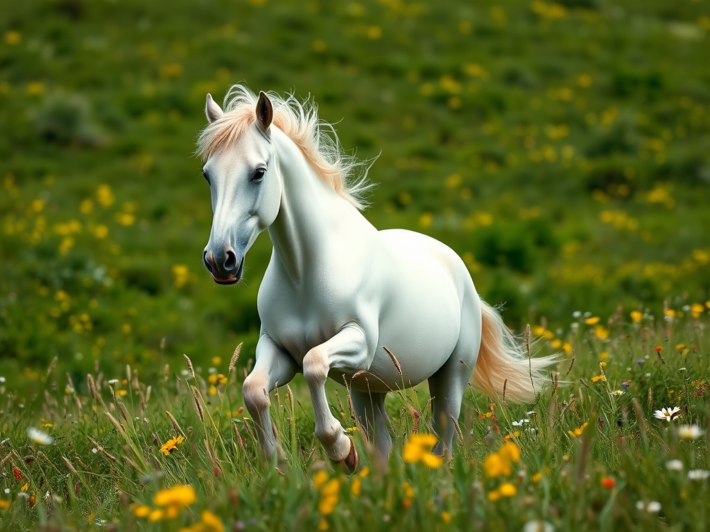 Regenerate a high-resolution image of a majestic white horse galloping through a lush green meadow with wildflowers, captured with a Canon EOS R5, 85mm lens, f/1.8 aperture, ISO 100, and a slight telephoto perspective to enhance depth and clarity.