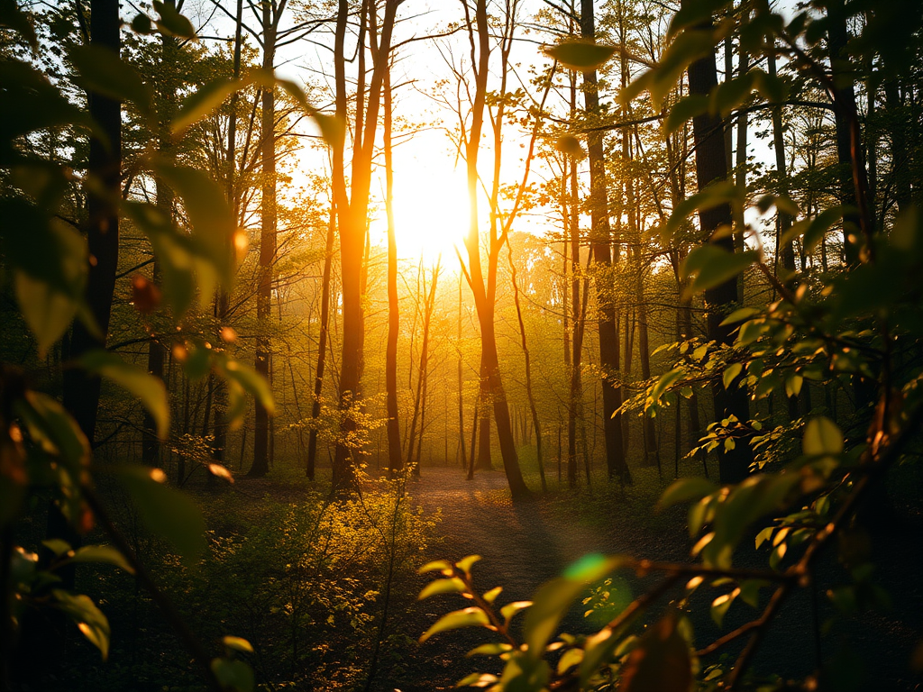 Create a hyper-realistic image of a serene forest scene at golden hour with warm sunlight filtering through the trees, capturing intricate details of leaves and wildlife, using a Canon EOS R5 with a 50mm lens, aperture f/1.8, ISO 100, and shutter speed 1/200s.