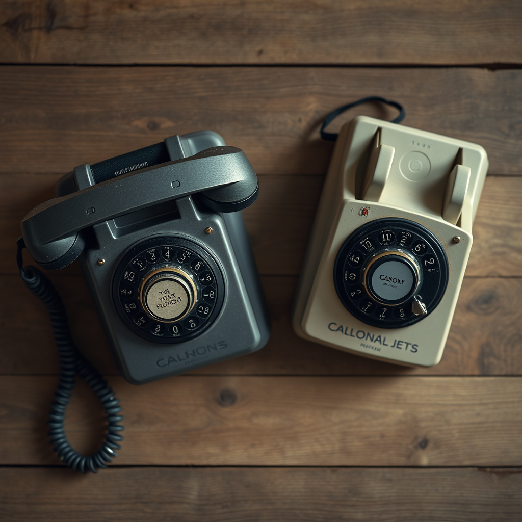 Regenerate an image of two vintage rotary phones on a wooden surface, shot with a Canon EOS R5 at f/2.8, ISO 100, shutter speed 1/60s, overhead view, in natural light to enhance detail and texture.