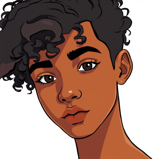 Generate an illustration of a person with brown skin, curly black hair, and brown eyes, centered and evenly lit, using a DSLR camera with a 50mm lens, aperture f/1.8, ISO 200, and soft lighting to enhance image quality.