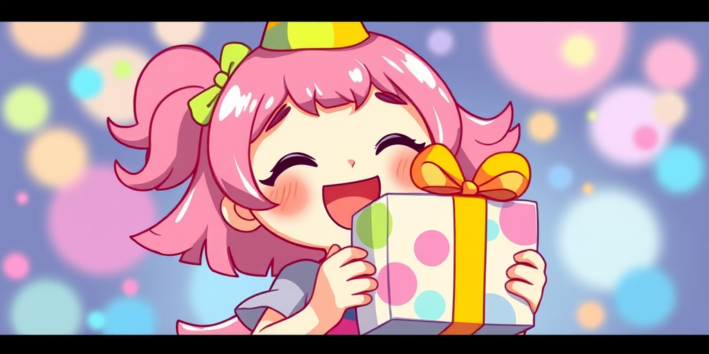 Create a vibrant and whimsical illustration of a cute character with pink hair wearing a party hat, joyfully holding a colorful gift box, in a vector art style, with a soft focus lens, 50mm f/1.8 aperture, natural lighting.