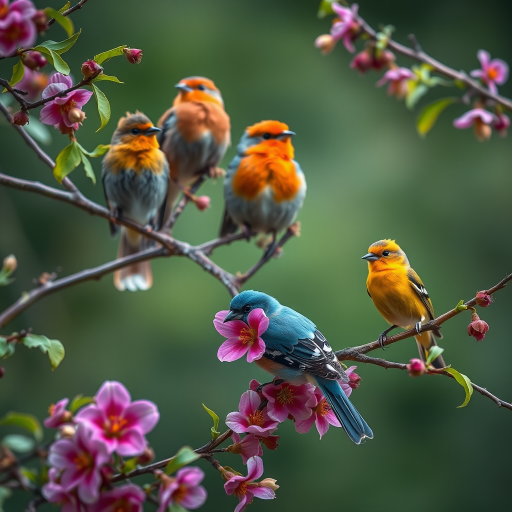 Create a vibrant and detailed image of various birds perched on branches adorned with flowers and leaves, using a Canon EOS R5 camera with a 50mm lens, aperture set to f/1.8, ISO 100, in a soft natural light style with a shallow depth of field.