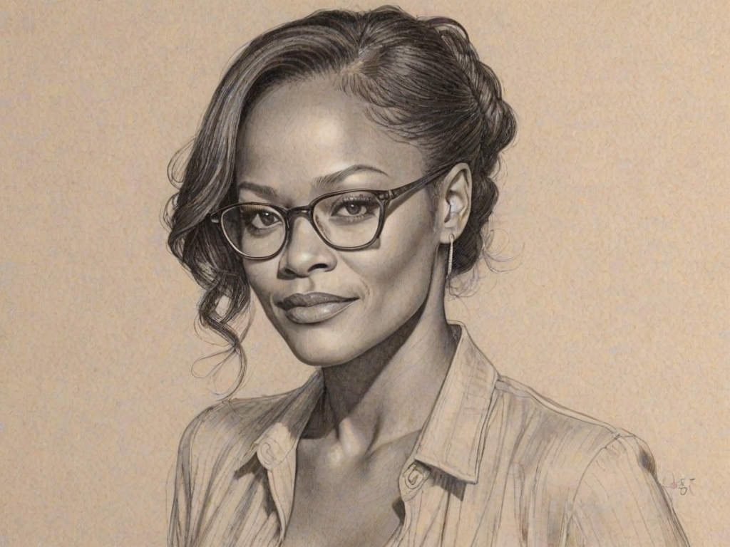 Ravishing Robin Givens, pencil sketch, portrait of Splendid woman 1927s in glasses, hair style beatnik, outline, clear lines, fine lines, 8k