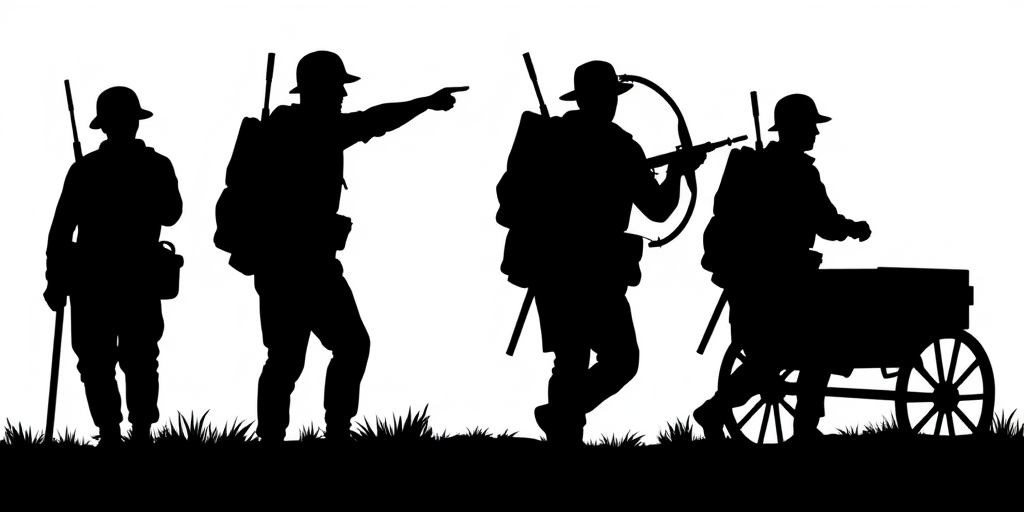 Create a vector illustration of four stylized silhouettes representing soldiers in various poses, with one pointing, another holding a rifle, a third with a crossbow, and the last pushing a cart, using a clean and modern design; capture with a Canon EOS R5, 50mm lens, f/8 aperture, ISO 100, in natural light for sharp detail and vibrant color.