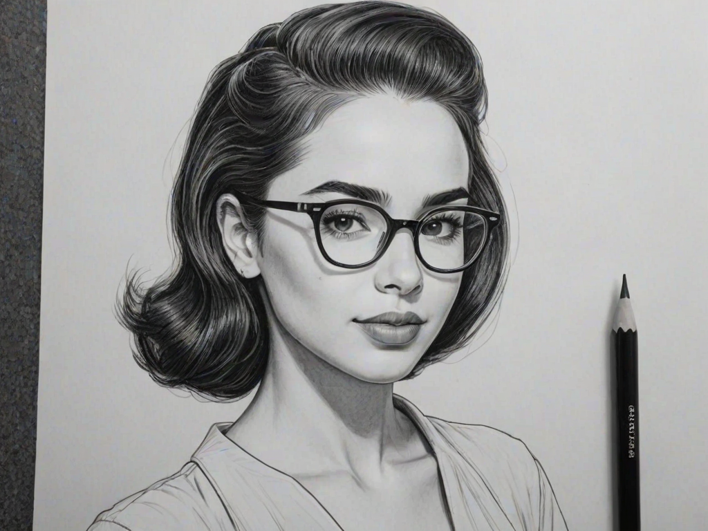 Delightful Sofia Carson, pencil sketch, portrait of Pleasing woman 1952s in glasses, hair style beatnik, outline, clear lines, fine lines, 8k