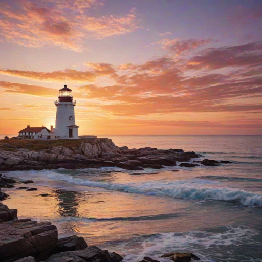 Generate an image of a tall lighthouse perched on a rocky outcrop surrounded by calm ocean waters during a breathtaking sunset. The lighthouse stands sturdy and weathered, its stone surface illuminated by the warm golden light of the setting sun. The sun's rays pass directly through the glass lantern room at the top of the lighthouse, casting a brilliant light across the scene. The sky is painted with vibrant shades of orange, pink, and purple, reflecting off the tranquil sea. The surrounding water shimmers with the same warm hues, creating a serene and majestic atmosphere.