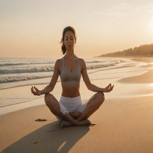 Softly focused image of a woman practicing yoga on a beach at sunrise, soft light from the rising sun casting long shadows on the sand, with the calm ocean waves gently lapping at the shore.