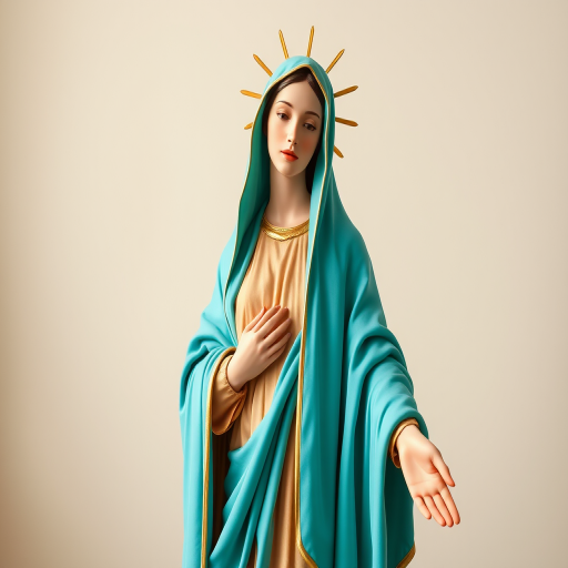 Generate an image of a stylized Virgin Mary with a serene expression, wearing a flowing turquoise robe and standing gracefully with a hand outstretched amidst a soft, neutral background, using a Canon EOS R5 with a 50mm f/1.2 lens at f/1.8, ISO 100, 1/200s for clarity and depth, in natural light to enhance color vibrancy and detail.
