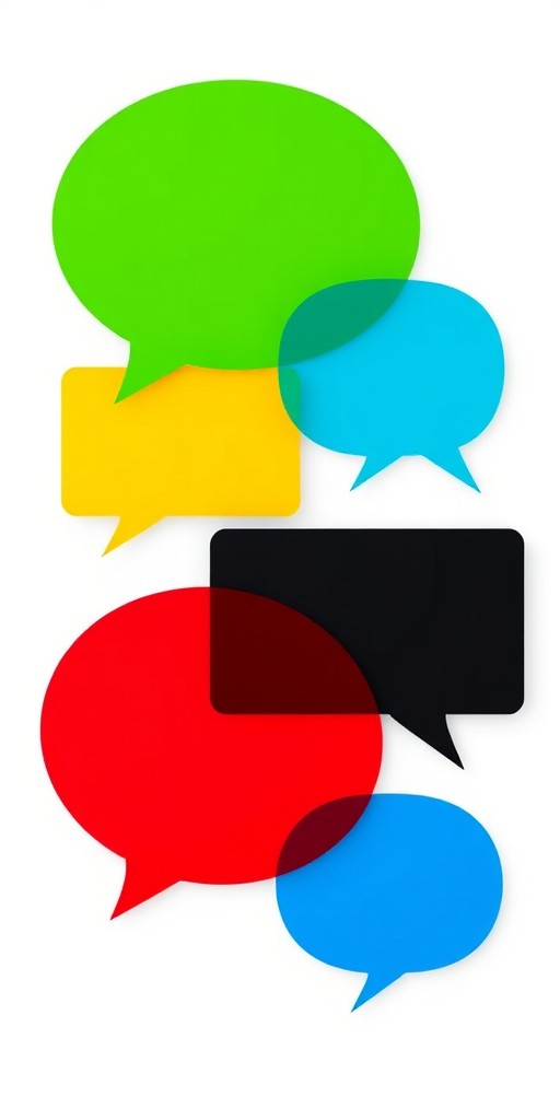 Create a vibrant graphic of five speech bubbles in green, yellow, red, blue, and black colors arranged in a circle on a white background, high resolution, 300 DPI, using a digital camera view, macro lens, focus on colors, enhance saturation and contrast.