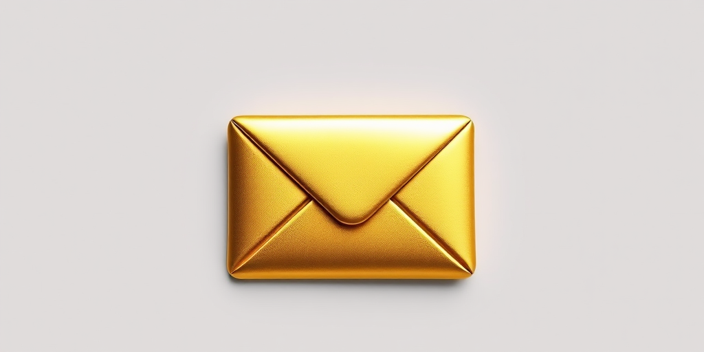Create a high-resolution image of a golden, stylized envelope icon with a glossy finish, using a DSLR camera with a 50mm lens at f/1.8 aperture, ISO 100, and natural lighting, capturing a frontal view to enhance details and contrast.