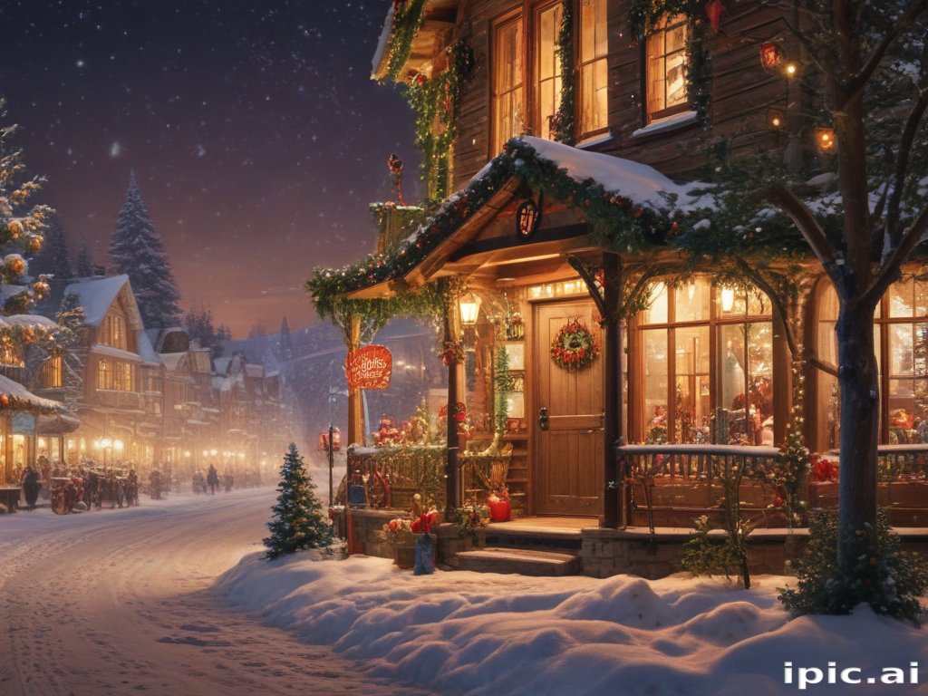 Charming Winter Scene of a Festively Decorated House in Snowy Village