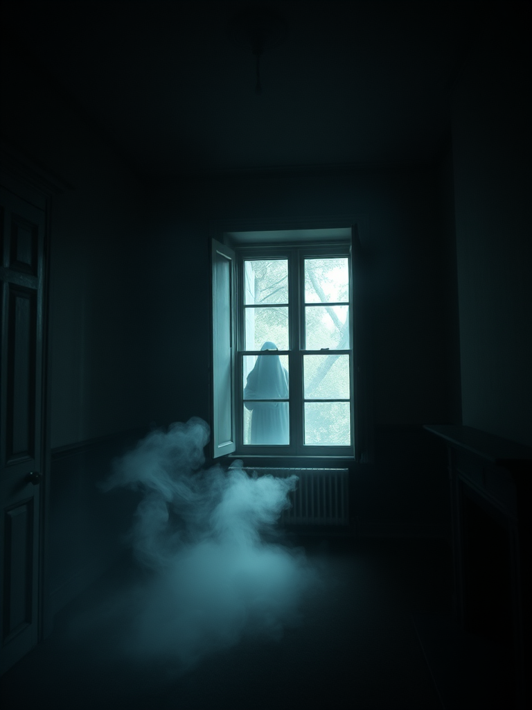 Interior of a dimly lit haunted room with a ghostly figure near a window, smoke drifting from a fireplace, soft natural light streaming through, ISO 200, f/2.8 aperture, 1/60 sec shutter speed, 35mm lens, using a full-frame DSLR camera.