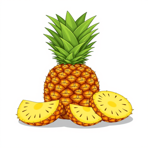 generate an illustration of a whole pineapple along with three sliced pieces, showcasing its vibrant yellow color and spiky green leaves