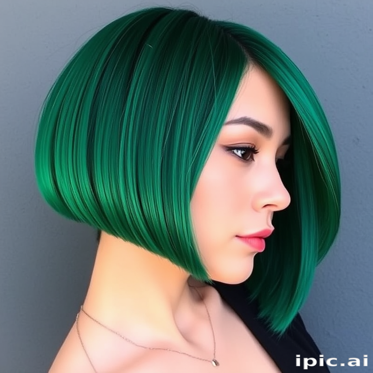 Bold emerald green bob cut dubbed "Jade Empress" featuring blunt ends, sleek straight texture, deep side part with long side-swept bangs, vibrant teal undertones peeking through, high-shine finish for a polished look