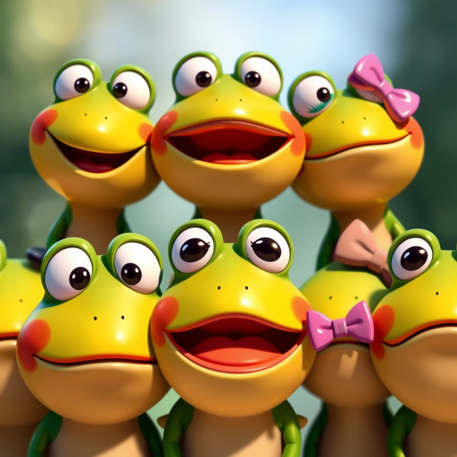 Create a vibrant, high-resolution image of six cartoon frog faces with different facial expressions: happy, surprised, sad, playful with eyelashes and bows, and neutral, using a DSLR camera at ISO 100, f/8 aperture, 50mm lens, in natural light for enhanced clarity and color vibrancy.