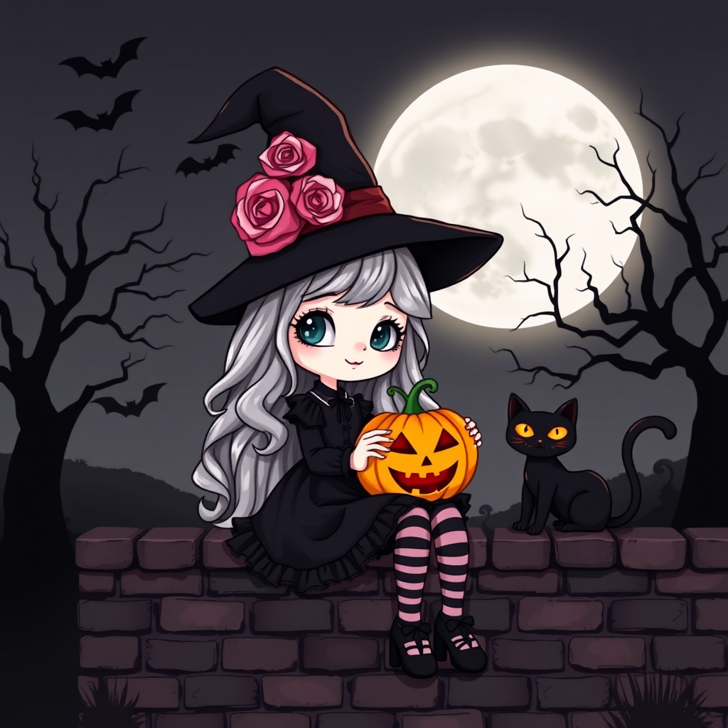 A cute, gothic-style cartoon of a young witch resembling Wednesday Addams sitting on a brick wall under a full moon. She has long wavy hair with silver, pink, and purple ombre highlights, and wears a classic black witch hat decorated with a pumpkin and roses. She is dressed in a black frilly dress with striped stockings and black shoes. A glowing Jack-o'-lantern sits beside her, and a black cat with glowing orange eyes is next to her. The background features a large moon, silhouetted bats, and a spooky tree, with a soft monochrome and slightly glowing effect, creating a magical Halloween atmosphere.