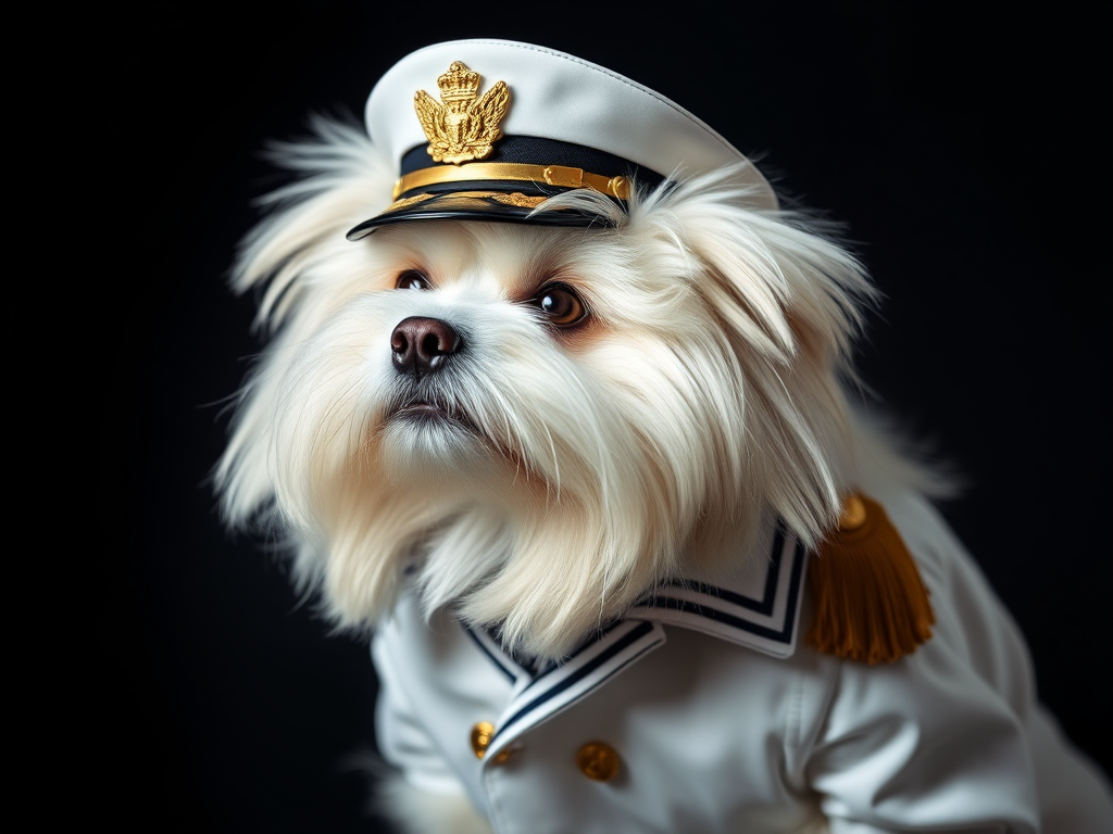create a regal portrait of a fluffy white dog dressed in a naval captain's uniform, use a soft-focus lens, f/2.8 aperture, 50mm lens, and low-key lighting setup for dramatic effect