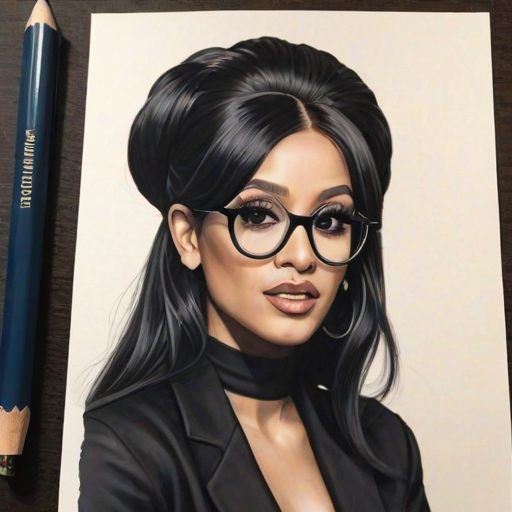 Superb Cardi B, pencil sketch, portrait of Magnificent woman 1966s in glasses, hair style beatnik, outline, clear lines, fine lines, 8k