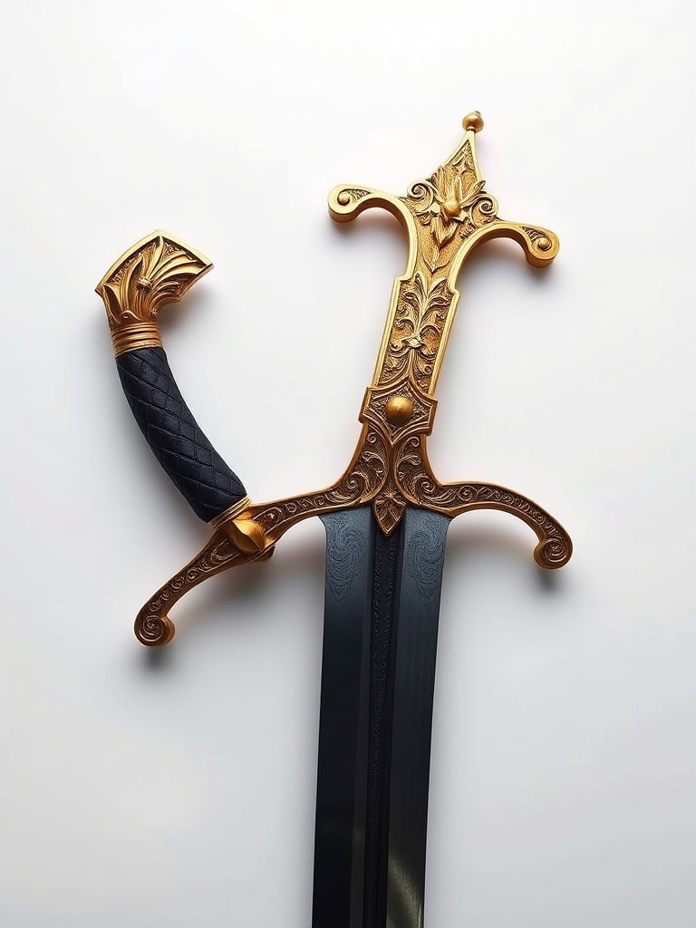 Create a high-resolution image of an ornate curved sword with a golden hilt, capturing intricate details and reflections, using a DSLR camera with a 50mm lens, f/1.8 aperture, 1/200s shutter speed, ISO 100, in a soft box lighting setup, top-down view on a white background.