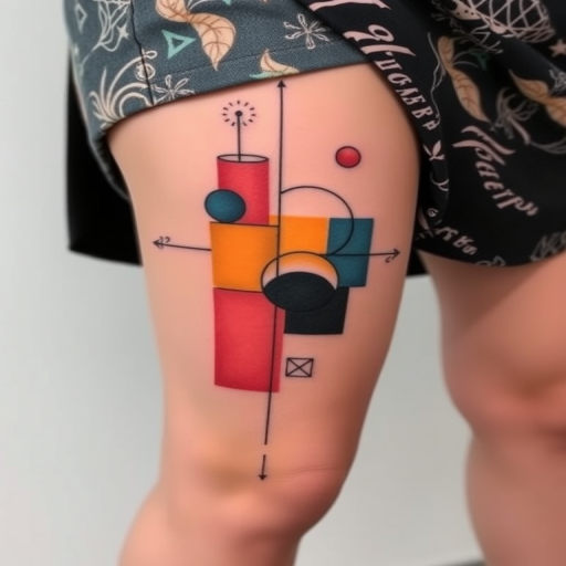 Avant-garde abstract tattoo on the thigh, combining geometric shapes, organic forms, and bold color blocks to create a thought-provoking and visually striking piece of body art