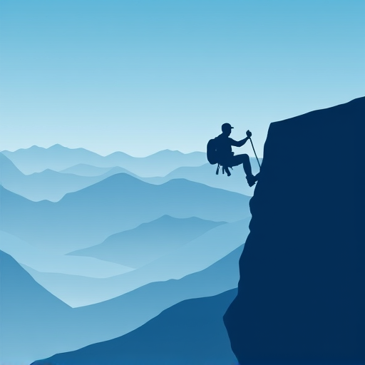 Create a minimalist illustration of a climber scaling a cliff against a gradient background of blue tones, emphasizing the silhouette of the climber and the layered mountain range in the background, using a high-resolution digital camera with a wide-angle lens at f/8 aperture, ISO 100, and a 24mm focal length to capture sharp detail and depth.
