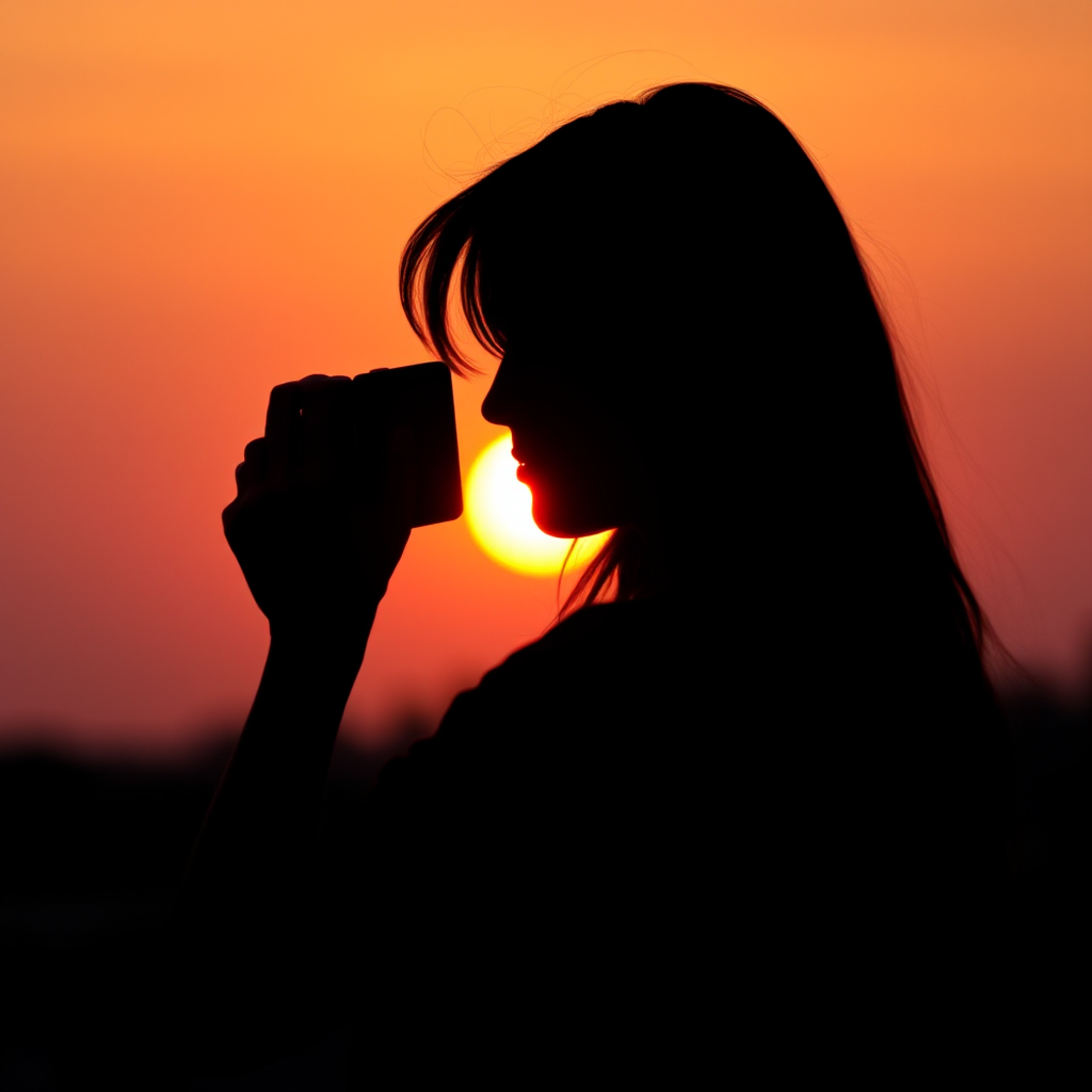 Regenerate a high-quality image of a silhouette against a sunset, using a DSLR camera with a 50mm lens, aperture f/1.8, ISO 100, shot from a low angle, with a warm color temperature and shallow depth of field for a dreamy effect.