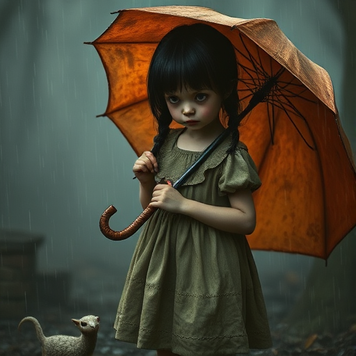 An eerie, weird little girl with dark hair in thin pigtails, wearing a smock dress, standing in the rain, holding a dirty orange umbrella, a small, odd creature beside her. In a surreal style inspired by Nicoletta Ceccoli and Brian Froud. Dark fantasy themes