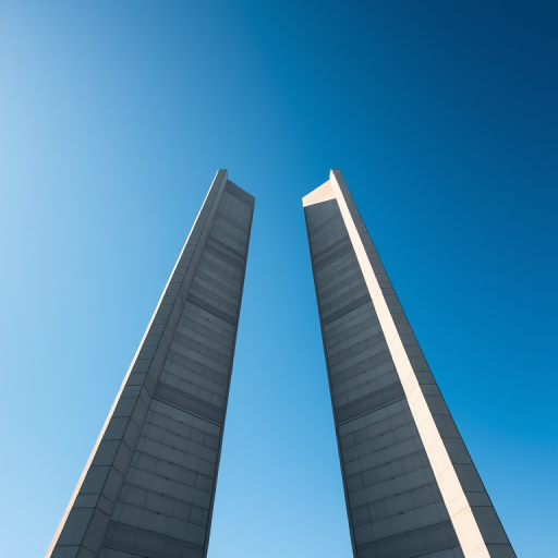 Create a minimalist architectural photograph showcasing two towering concrete structures in a clear blue sky, captured with a Canon EOS R5 at f/8, ISO 100, 1/200s, wide-angle view, natural sunlight, and a focus on sharp lines and textures.