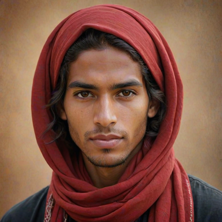 Create a portrait of a young Tuareg male with long, dark hair and captivating hazel eyes. She is wearing a red headscarf and a matching scarf draped gracefully around her neck. The background is softly blurred, focusing attention on her serene and natural expression. The overall color palette is muted and warm, enhancing the intimate and authentic feel of the portrait.