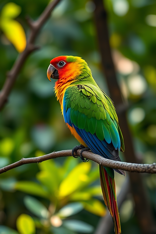 Create a vibrant image of a colorful parrot perched on a branch in a lush forest setting, using a Canon EOS R5 with a 50mm f/1.2 lens, aperture set to f/2.8, ISO 100, shutter speed 1/200s, soft bokeh background to enhance details and vivid colors.