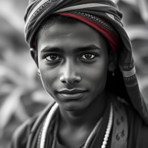 portrait of a young man with traditional attire, natural setting, black and white, soft focus, 50mm lens, f/1.8 aperture, 1/200 sec shutter speed, ISO 100, DSLR camera, narrow depth of field, shallow background blurring
