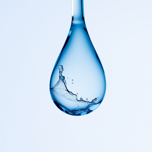 Create a high-resolution image of a blue water droplet in the shape of a teardrop, with water splashes inside, set against a smooth gradient background, captured with a Canon EOS 5D Mark IV at f/8, ISO 100, shutter speed 1/200s, using a macro lens with soft diffused lighting.