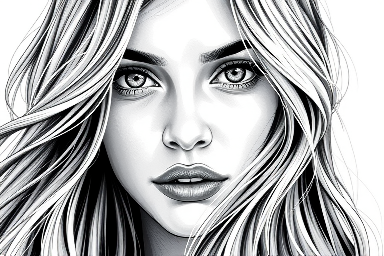 Create a highly detailed black and white illustration of a young woman with long, flowing hair, using a Canon EOS R5 with a 50mm f/1.2 lens, aperture set to f/1.2 for a shallow depth of field, 1/200s shutter speed, ISO 100, shot in portrait mode to emphasize facial features and hair texture.