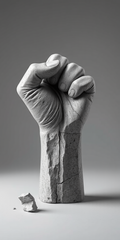 Create a hyper-realistic illustration of a cracked concrete hand making a fist, with a small broken piece next to it, using soft lighting and a neutral gray background, shot with a DSLR camera at f/2.8, ISO 100, 50mm lens, with a slight vignette effect to enhance the image quality.