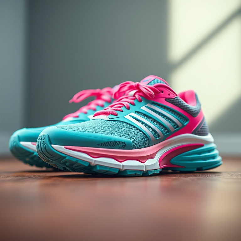 Create a highly detailed digital illustration of a pair of modern running shoes with a vibrant pink and turquoise color scheme, shot from a low angle perspective using a Canon EOS R5 with a 50mm f/1.2 lens, aperture set to f/2.8 for a shallow depth of field, ISO 100 to ensure clarity, and a soft, diffused lighting setup for an appealing look.