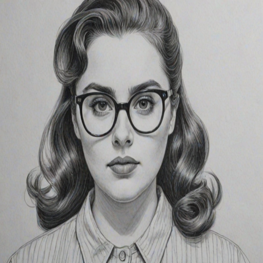 Superb Beanie Feldstein, pencil sketch, portrait of Pleasing woman 1952s in glasses, hair style beatnik, outline, clear lines, fine lines, 8k