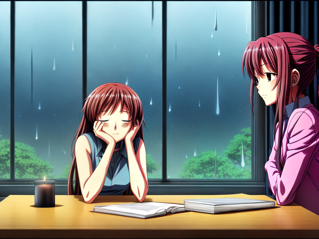anime cartoon image of a woman at her desk resting her head on the ...