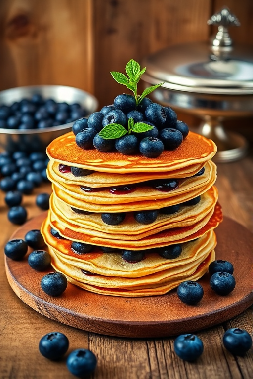 A beautifully layered cake made of thin pancakes with a vibrant blueberry filling topped with fresh blueberries and a small green plant, presented on a rustic wooden table with additional blueberries scattered around. The background features a wooden wall and a silver serving dish, creating a cozy atmosphere.