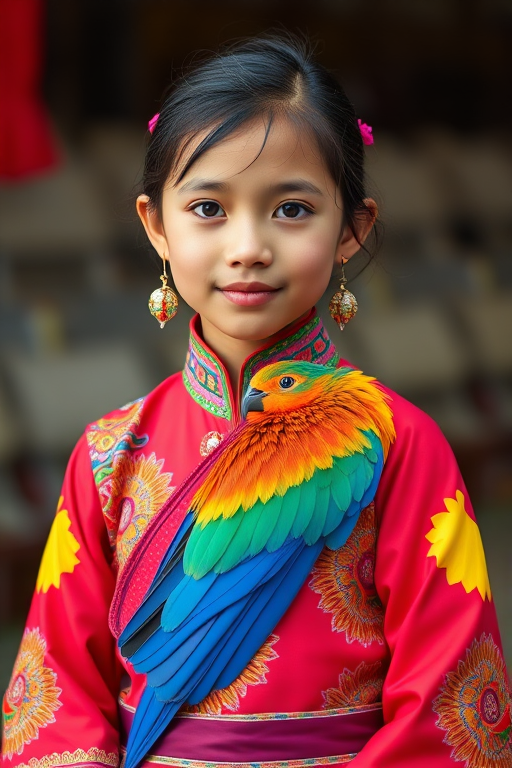 A beautiful Lao girl, wearing colorful bird clothing with vibrant colors