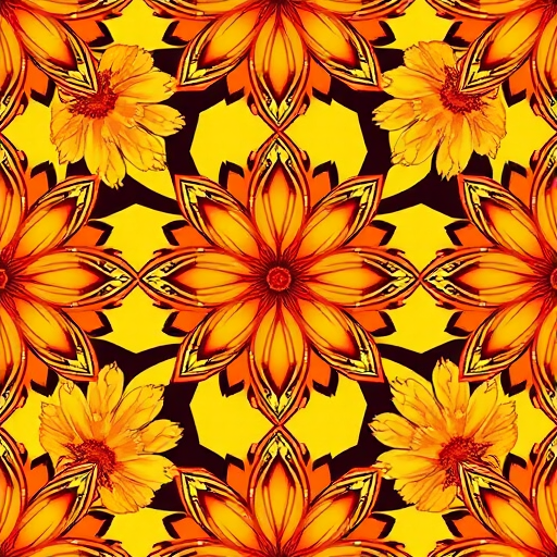 Create a seamless pattern of abstract orange and yellow floral shapes with intricate details, captured using a Canon EOS R5 with a 50mm f/1.2 lens, aperture set to f/8 for sharpness, ISO 100, and in natural lighting to enhance vibrancy and depth.