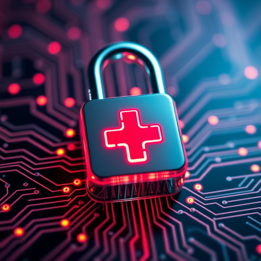 A futuristic digital padlock with a red cross symbol on a network of glowing circuits, captured with a DSLR camera at f/2.8, ISO 100, and a shutter speed of 1/200 sec, using a macro lens to emphasize details and a blurred background for depth.