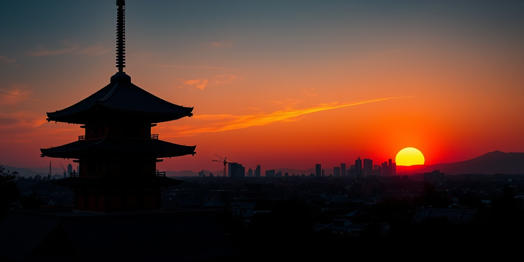 Create a vivid sunset scene featuring a traditional pagoda silhouette against a city skyline with a large sun setting behind, using a Canon EOS R5 with an aperture of f/8, ISO 100, 24mm focal length, landscape orientation, soft focus background, and vibrant colors.