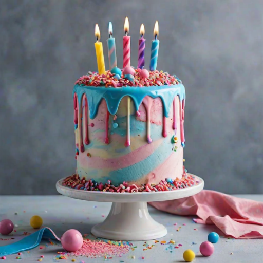 Create an image of a colorful birthday cake with layers of light blue and pink frosting. The top should be adorned with swirls of pink icing, colorful sprinkles, and bright pink candy balls. Include a glossy drip effect along the sides of the cake and a sprinkle-covered base. The background should be a soft, neutral tone to highlight the cake.