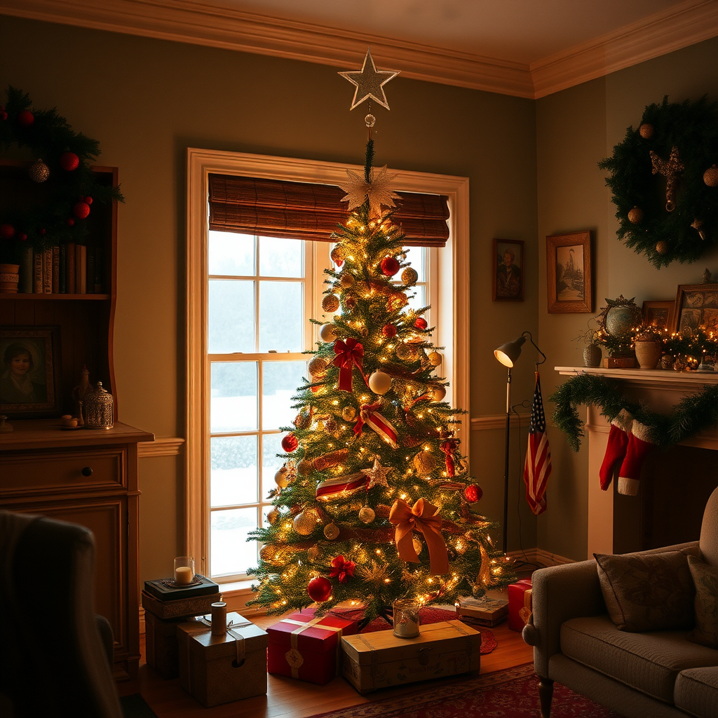 a vintage christmas tree in a cozy room