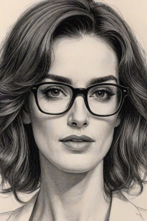 Beauteous Paz Vega, pencil sketch, portrait of Gorgeous woman 1974s in glasses, hair style beatnik, outline, clear lines, fine lines, 8k