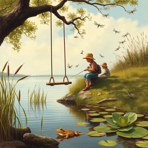 Imagine a small group of old fashioned young boys out fishing by the creek, a swing hanging from a tree branch, reeds and grasses by the water's edge, a frog sitting on a lily pad, dragonflies hovering over som water plans, a very iconic old fashioned scene reminiscent of a Norman Rockwell painting style