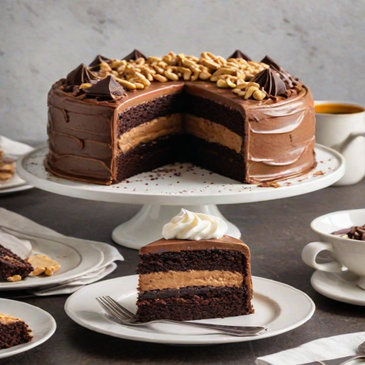 Create a detailed image of a multi-layered chocolate cake with creamy peanut butter frosting between the layers. The top is glossy with a rich chocolate ganache, and it is garnished with whipped cream and a chocolate candy on top. Display the cake on a decorative cake stand with a few slices on white plates, accompanied by forks. The background should be a simple, elegant kitchen setting.