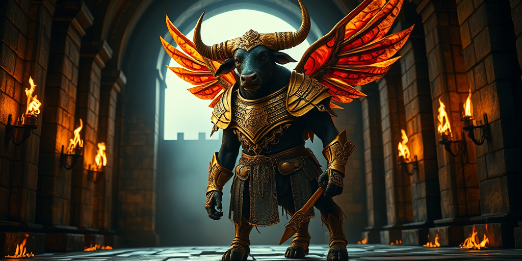 A powerful humanoid bull creature adorned in ornate golden armor with fiery wings, standing in an ancient stone hall illuminated by flickering flames, 85mm f/1.8 lens, ISO 100, aperture f/2.8, low-angle shot, cinematic lighting, DSLR camera.