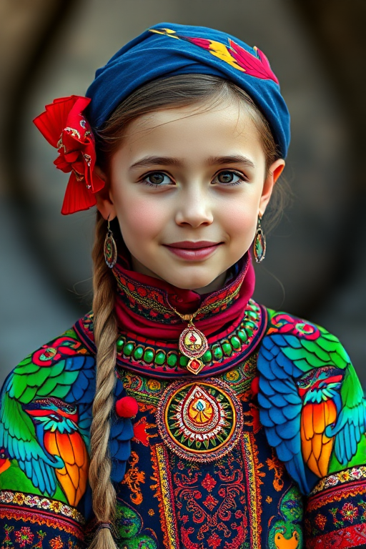 A beautiful Uzbek girl, wearing colorful bird clothing with vibrant colors